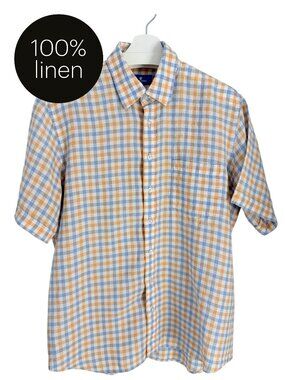 TOSCANO Blue Orange Plaid Linen Shirt Lightweight Summer short sleeve men l
